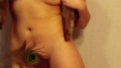 Teen Model Jerks Breasts & Shaved Twat W/ Peacock Feather Erotic Photo Shoot